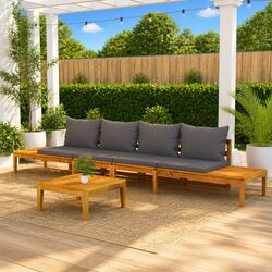 Garden Benches 2 pc Acacia Wood Outdoor Furniture Set with Grey Cushions