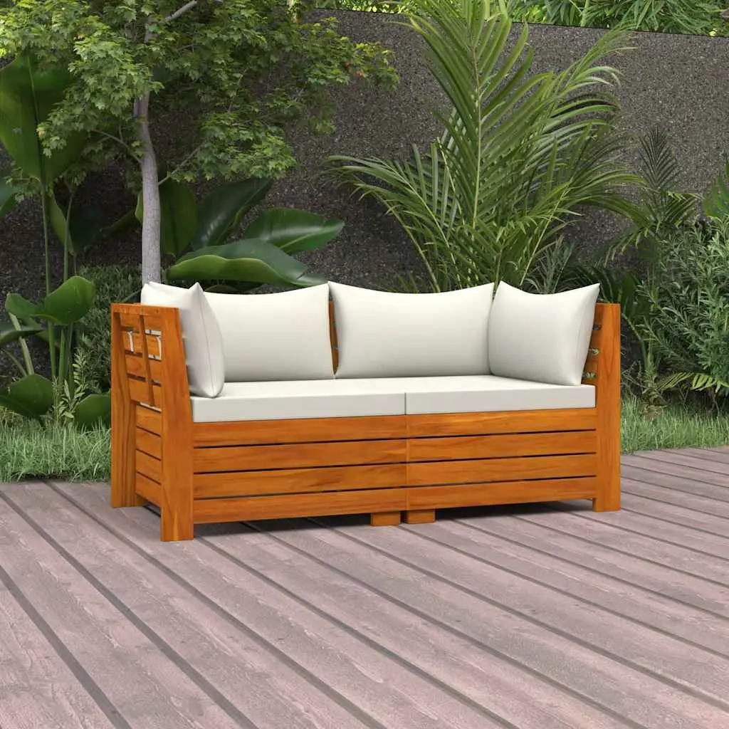 2-Seater Garden Sofa Solid Acacia Wood White Outdoor Lounge with Cushions