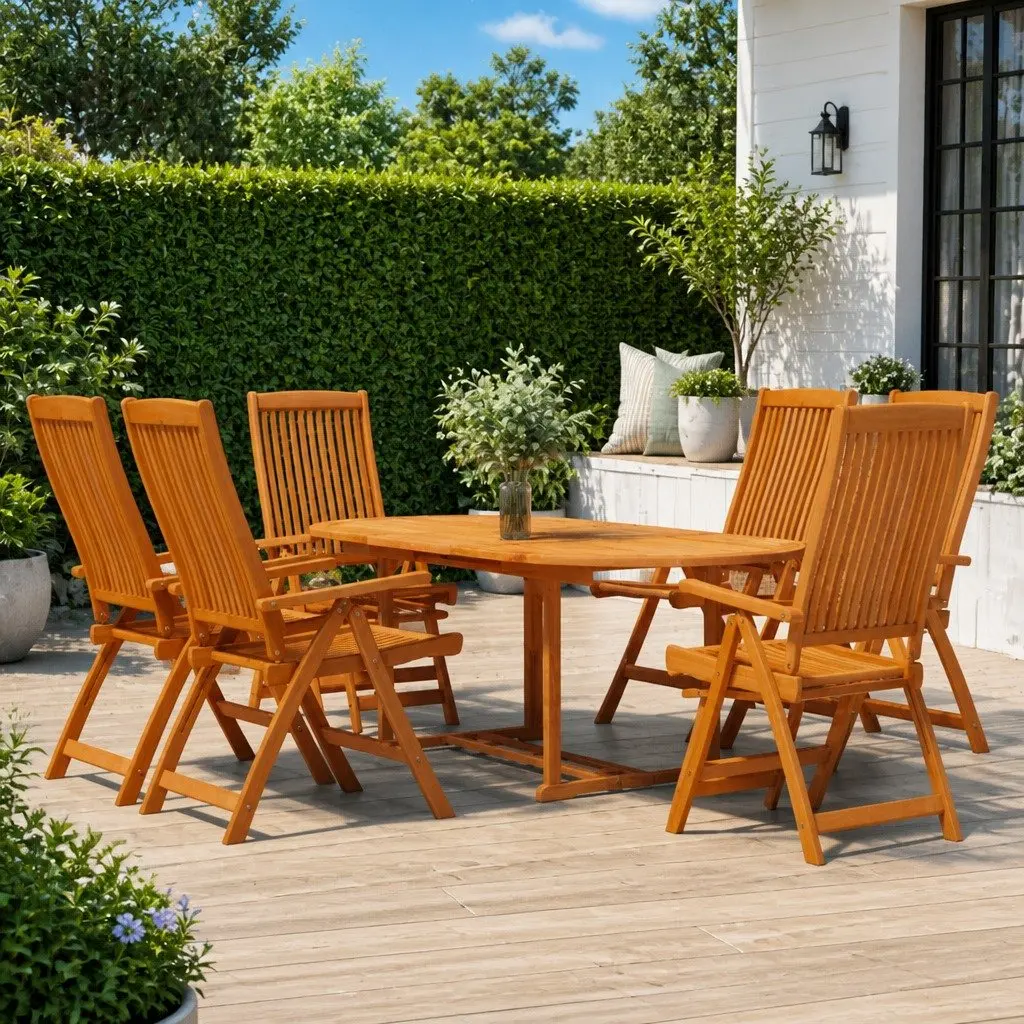 Garden Dining Set Solid Eucalyptus Wood 7 Piece Extendable Table Reclining Chairs Brown