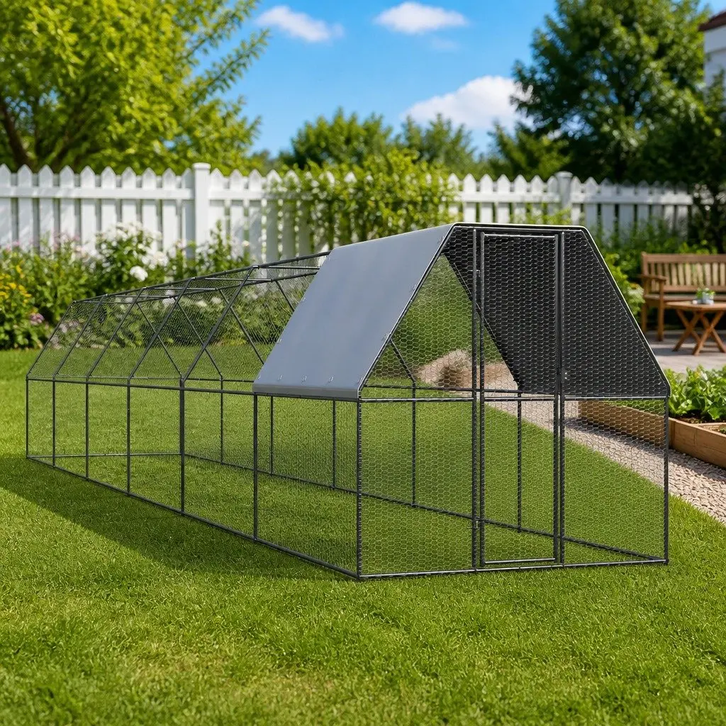 Outdoor Chicken Run Galvanised Steel Enclosure 2m x 12m Silver for Hens Ducks and Small Animals