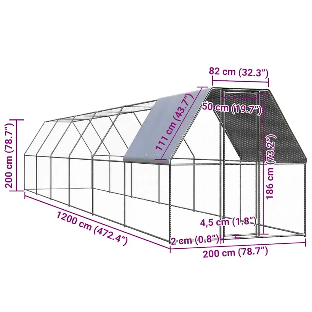 Outdoor Chicken Run Galvanised Steel Enclosure 2m x 12m Silver for Hens Ducks and Small Animals