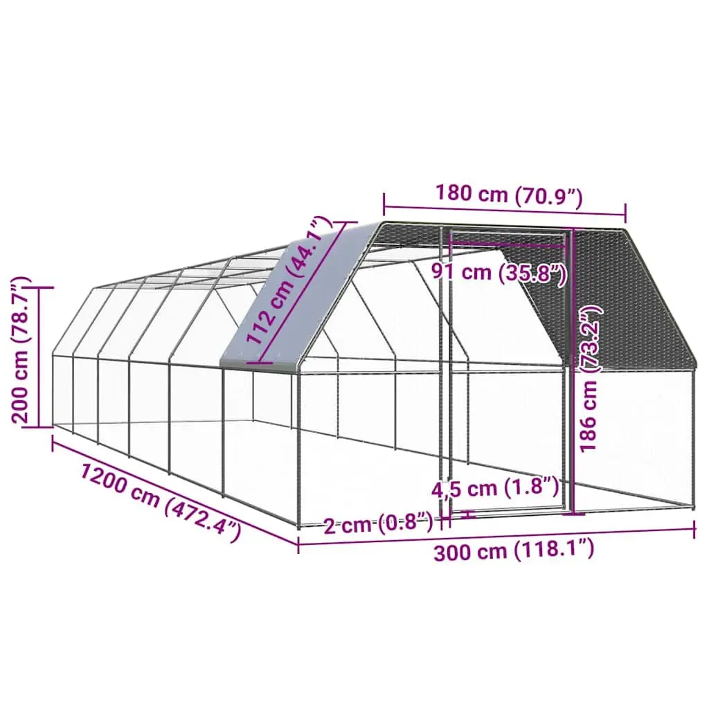 Outdoor Chicken Cage Galvanised Steel 3x12x2m Silver