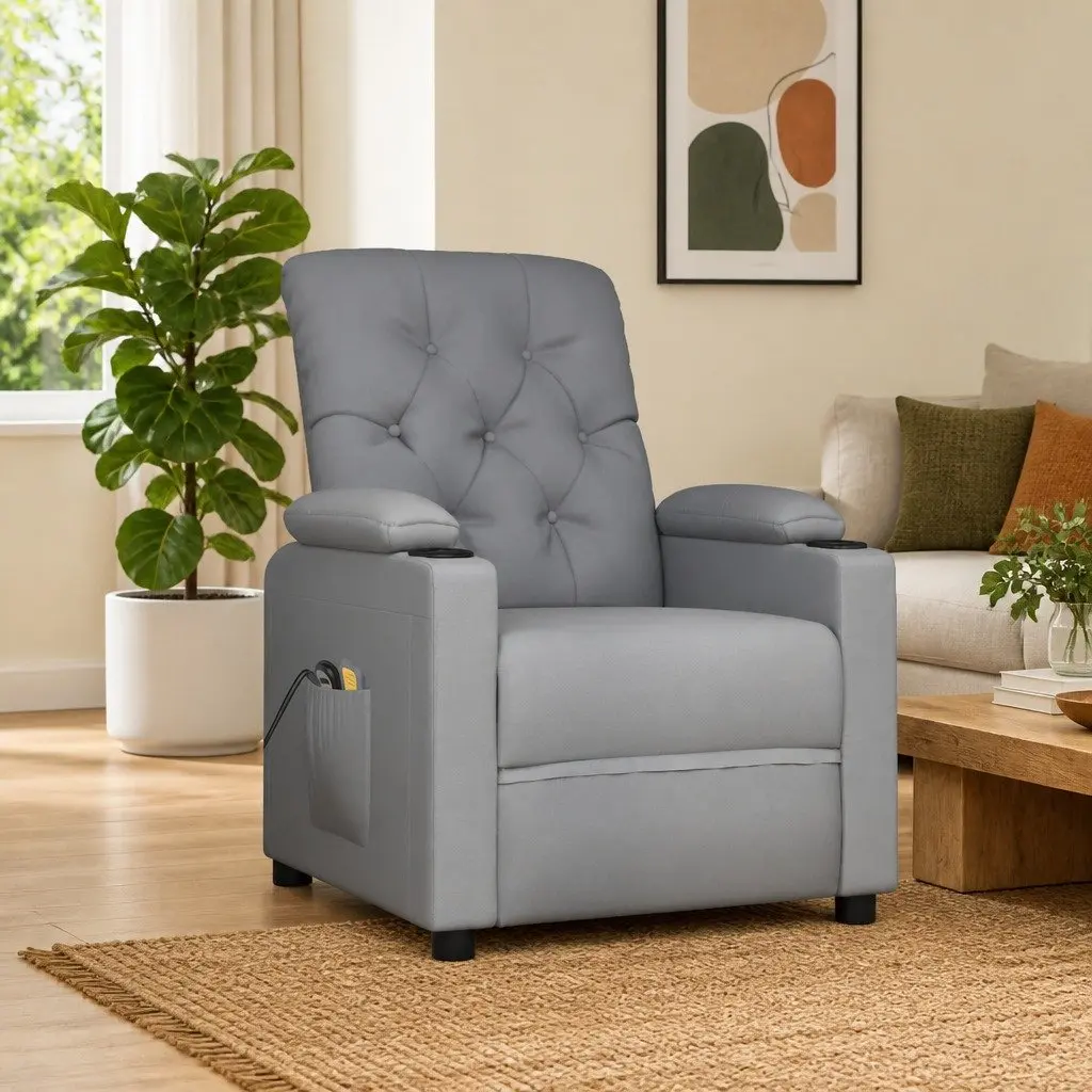 Stand Up Massage Chair Electric Recliner Grey Fabric with Lift Function and Vibration Massage