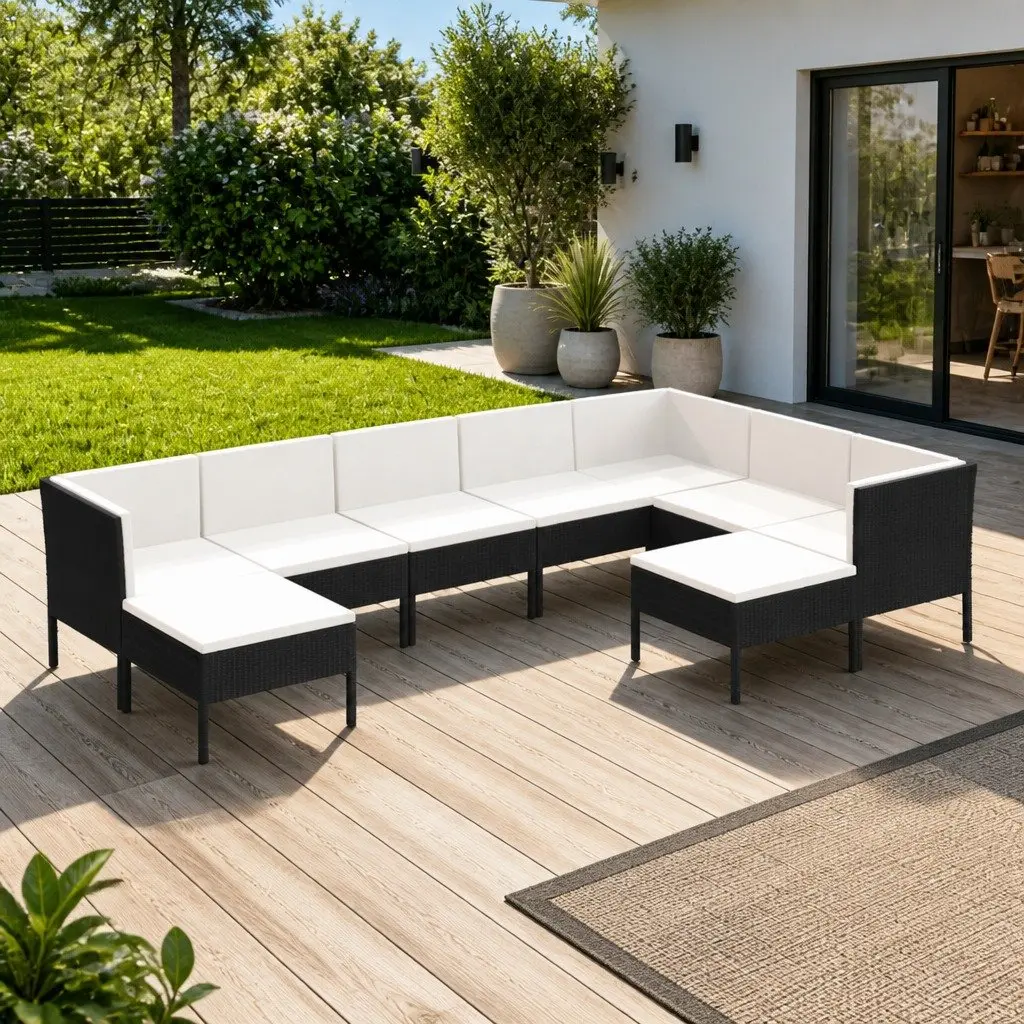 Garden Lounge Set 9 Piece Outdoor Furniture PE Rattan Black Powder Coated Steel Frame