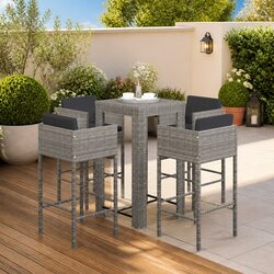 5 Piece Garden Bar Set with Cushions Outdoor Rattan Bar Table Stools Grey