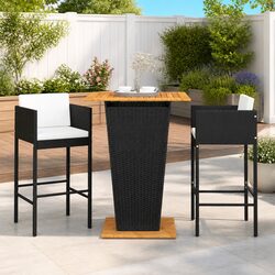 3 Piece Garden Bar Set with Cushions Poly Rattan Outdoor Bar Table Stools Black