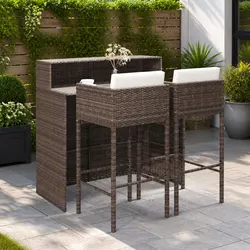 Garden Bar Set 3 Piece with Cushions Poly Rattan Outdoor Table Stools Brown