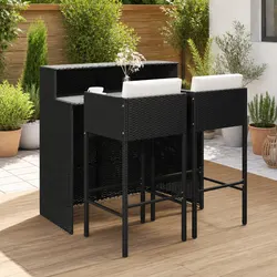 3 Piece Garden Bar Set with Cushions Outdoor Poly Rattan Table Stools Black