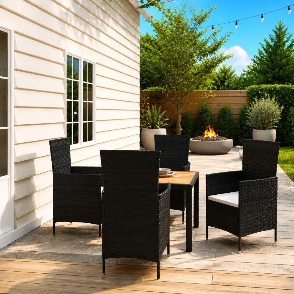 5 Piece Garden Dining Set Poly Rattan Black with Cushions Powder Coated Steel Frame