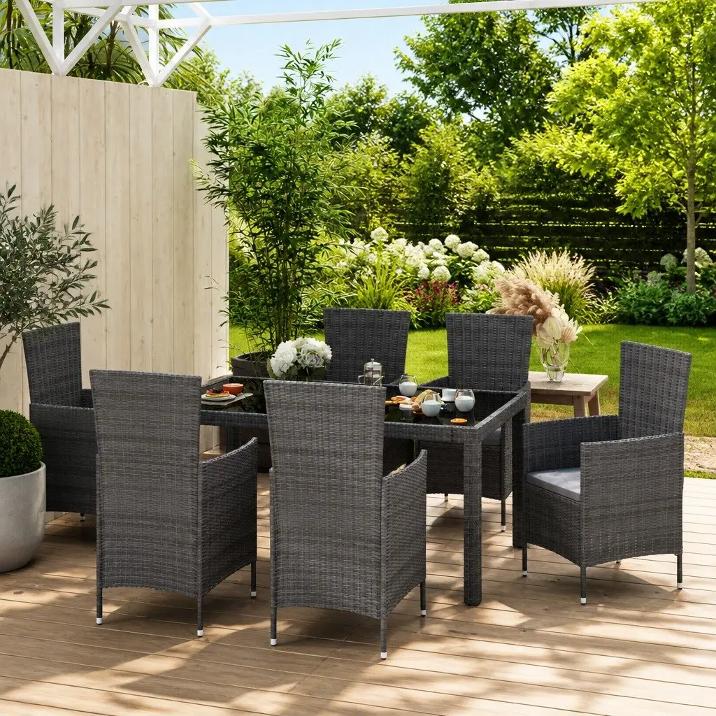 7 Piece Outdoor Dining Set Grey PE Rattan Steel Frame Garden Furniture Chairs Table
