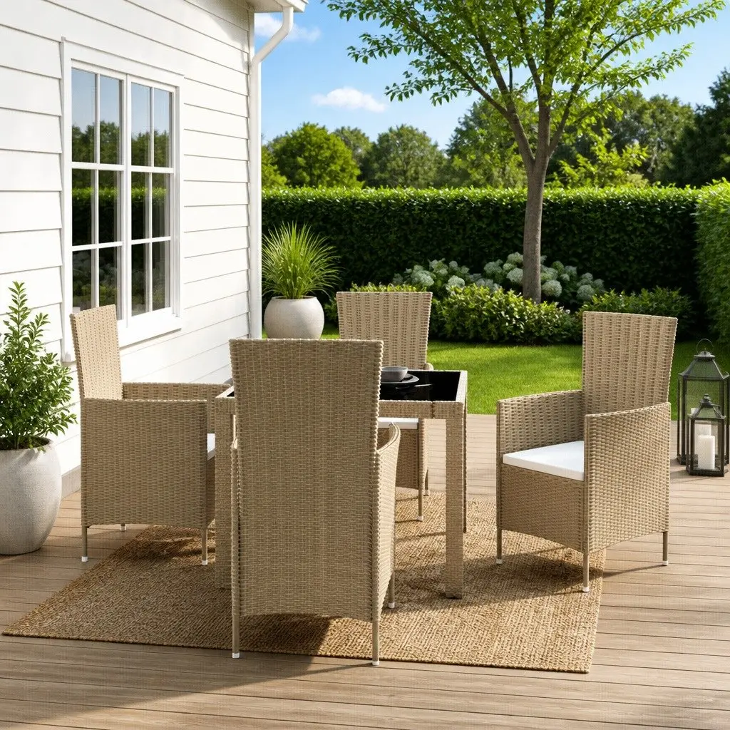 Outdoor Dining Set 5 Piece Powder Coated Steel Weather Resistant PE Rattan Beige Garden Furniture Patio Table Chairs
