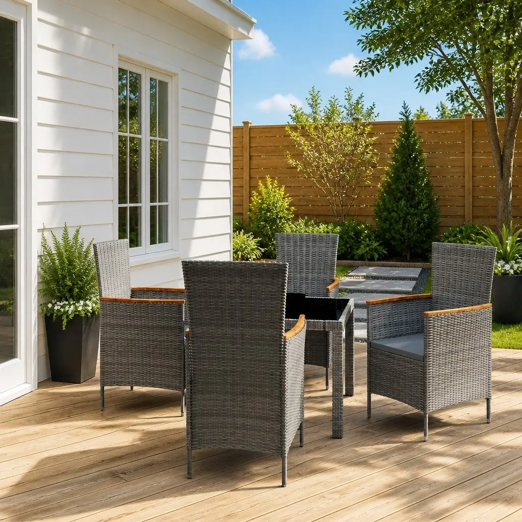 5 Piece Grey Garden Furniture Set Poly Rattan Outdoor Dining with Cushions