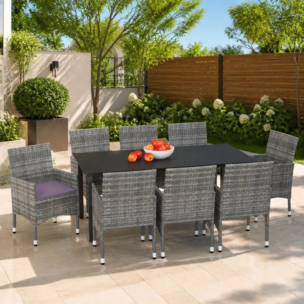 Garden Dining Set 9 Piece Outdoor Patio Furniture Grey PE Rattan Steel Frame Glass Top