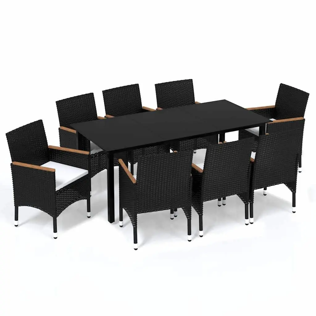 9 Piece Garden Dining Set PE Rattan Steel Frame Glass Top Black with Cushions