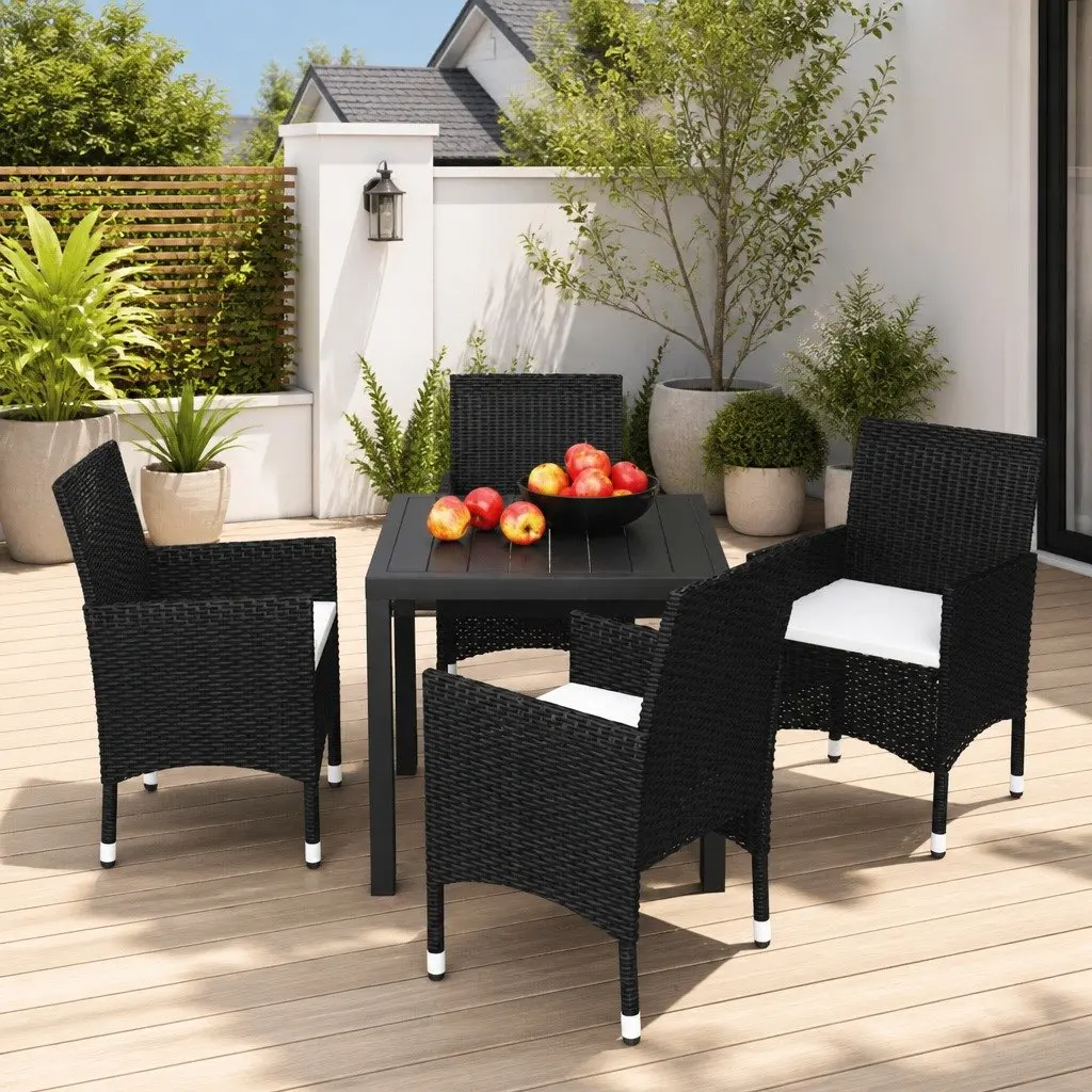5 Piece Black Patio Dining Set WPC Tabletop Weather Resistant PE Rattan Chairs with Cushions Lightweight Steel Frame for Outdoor Garden Furniture