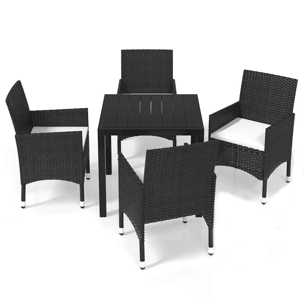 5 Piece Black Patio Dining Set WPC Tabletop Weather Resistant PE Rattan Chairs with Cushions Lightweight Steel Frame for Outdoor Garden Furniture