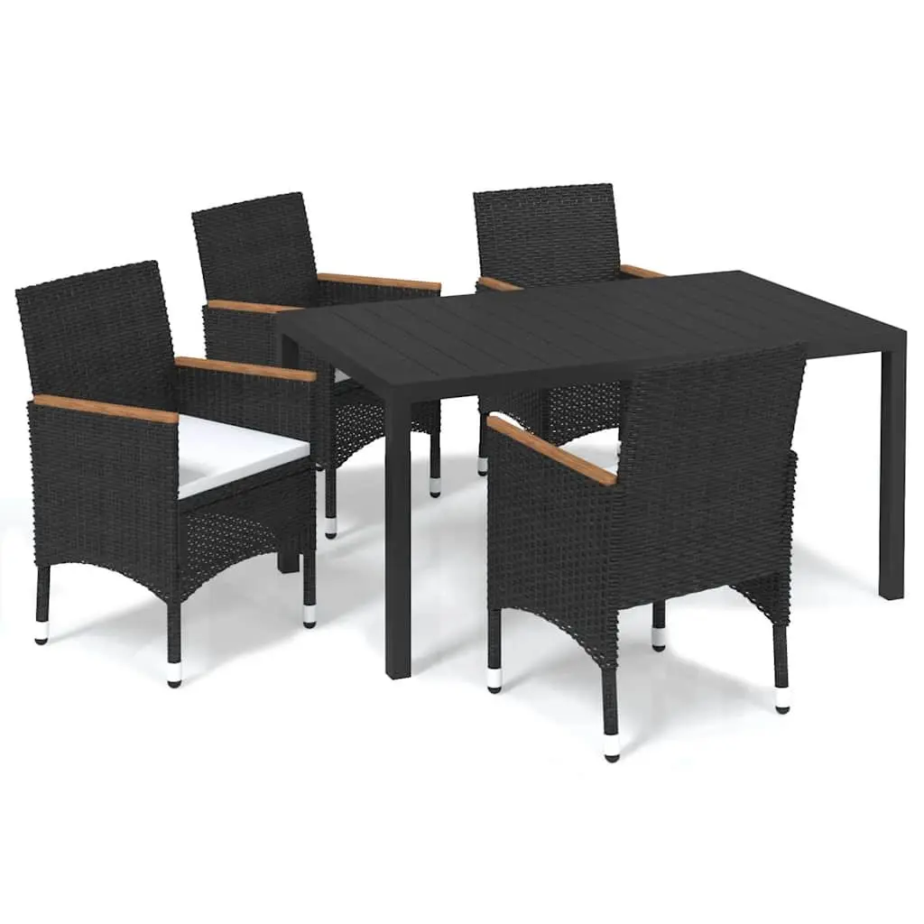 Outdoor Patio Furniture Set 5 Piece Black PE Rattan with Cushions Steel Frame and Acacia Wood Armrests