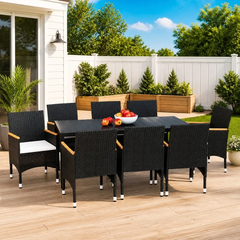 9 Piece Garden Dining Set Outdoor Patio Furniture with Cushions PE Rattan Black