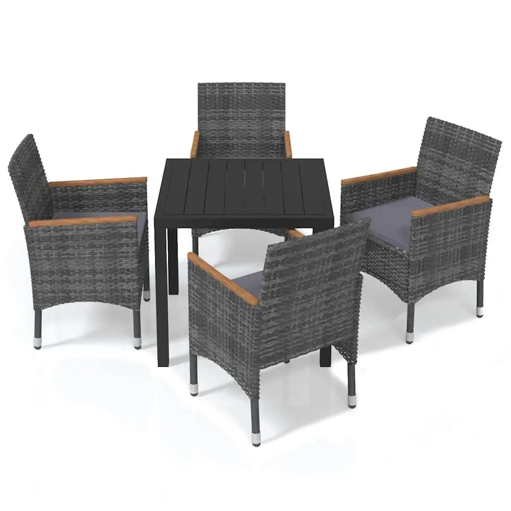 Garden Dining Set Grey Rattan 5 Piece Outdoor Patio Furniture with Steel Frame Acacia Wood Armrests WPC Tabletop and Cushions