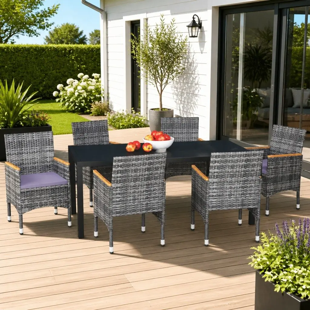 7 Piece Outdoor Furniture Set Grey PE Rattan Steel Table and Chairs with Cushions for Garden Patio and Balcony