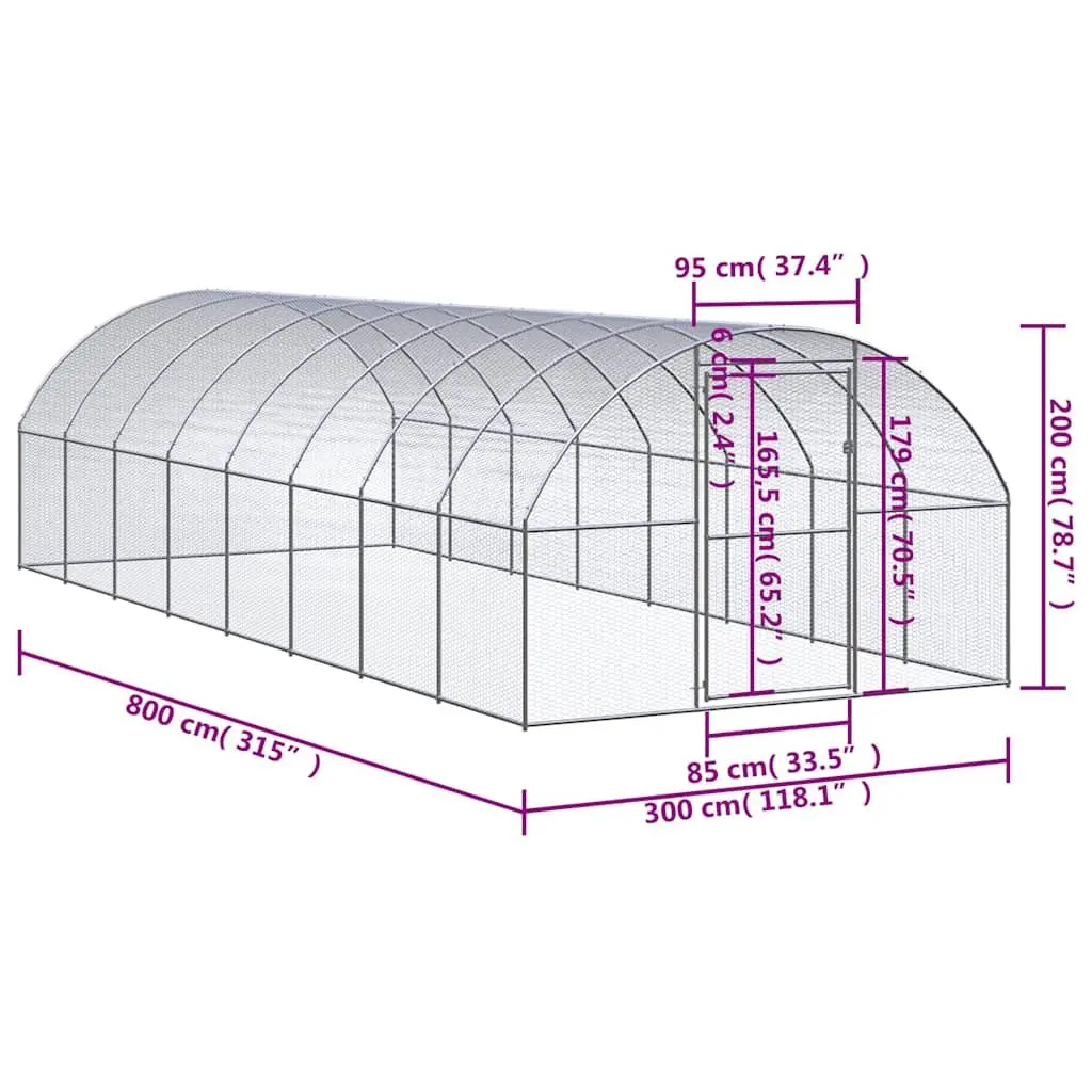 Outdoor Poultry Enclosure Galvanised Steel 3m x 2m x 8m Silver Chicken Run for Ducks and Small Animals