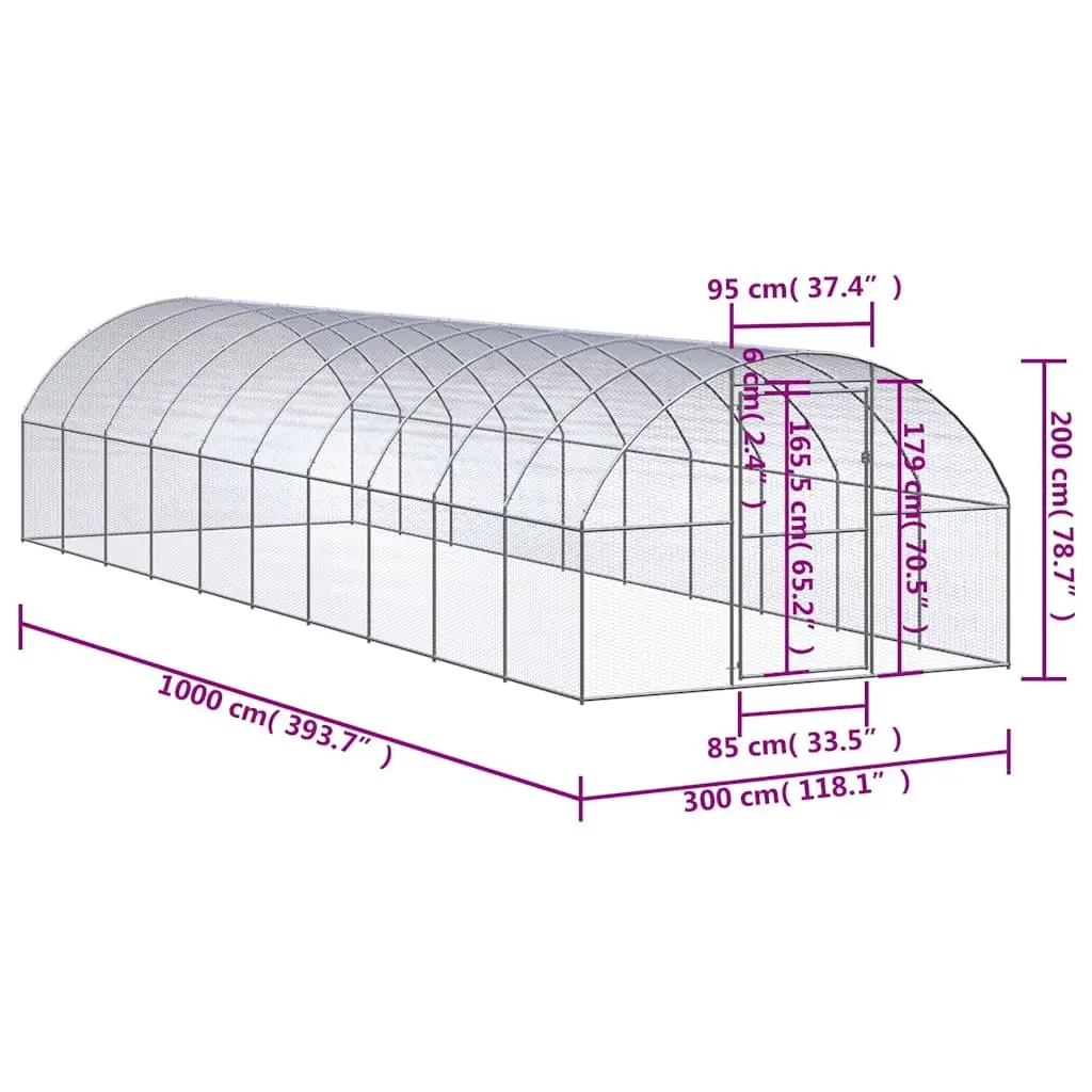 Outdoor Chicken Coop Galvanised Steel 3x10x2 m Silver Enclosure Run Poultry Ducks