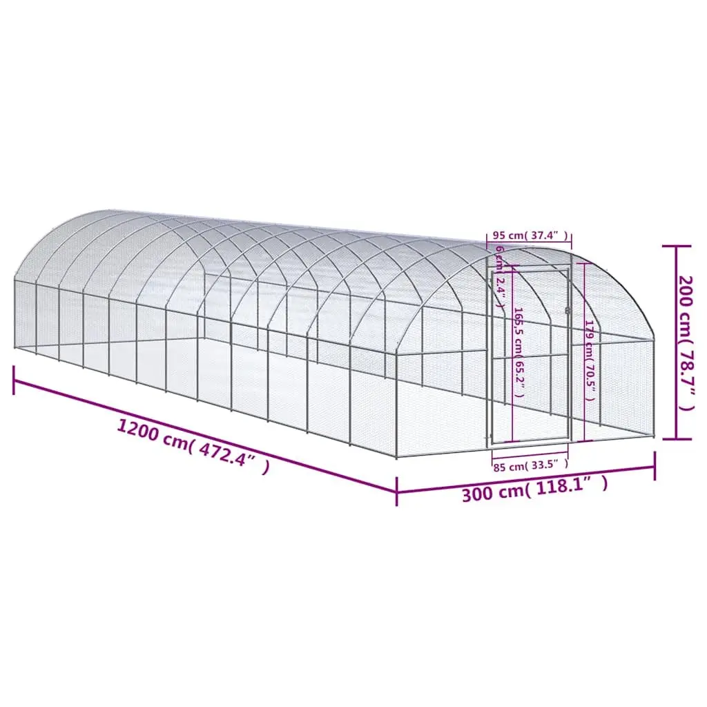 Outdoor Chicken Coop Galvanised Steel 3x12x2m Silver Enclosure Run Poultry Ducks Hens