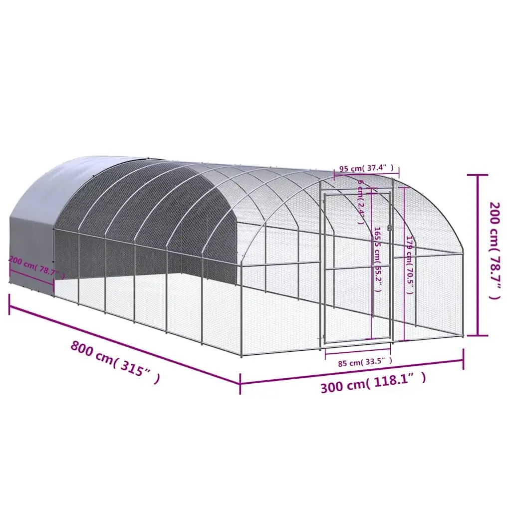 Outdoor Chicken Coop Galvanised Steel 3x8x2m Silver Enclosure Run Housing for Poultry