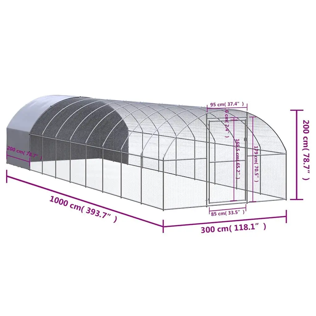 Chicken Coop Galvanized Steel Silver 3x10x2m Outdoor Poultry Run Enclosure for Hens Ducks