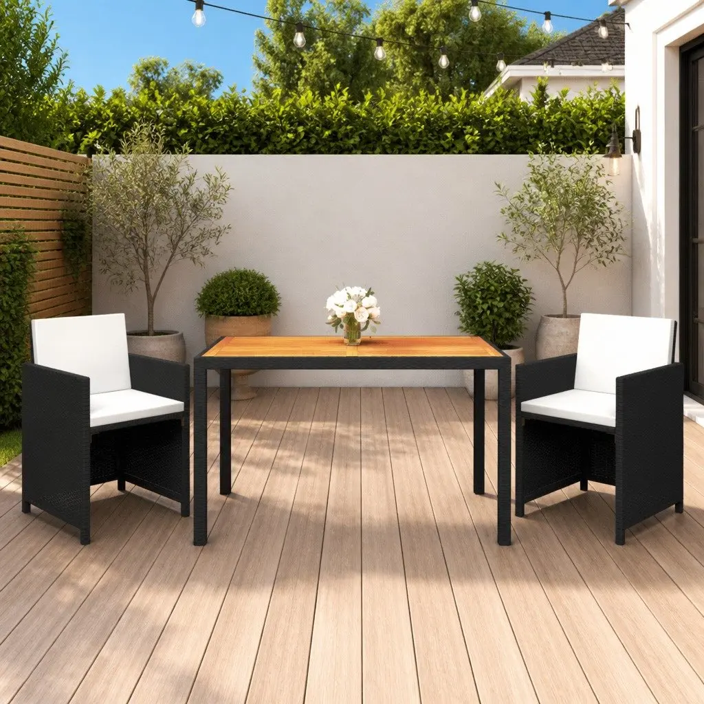 Garden Dining Set 3 Piece Outdoor Furniture PE Rattan Powder Coated Steel Frame Acacia Wood Table Black