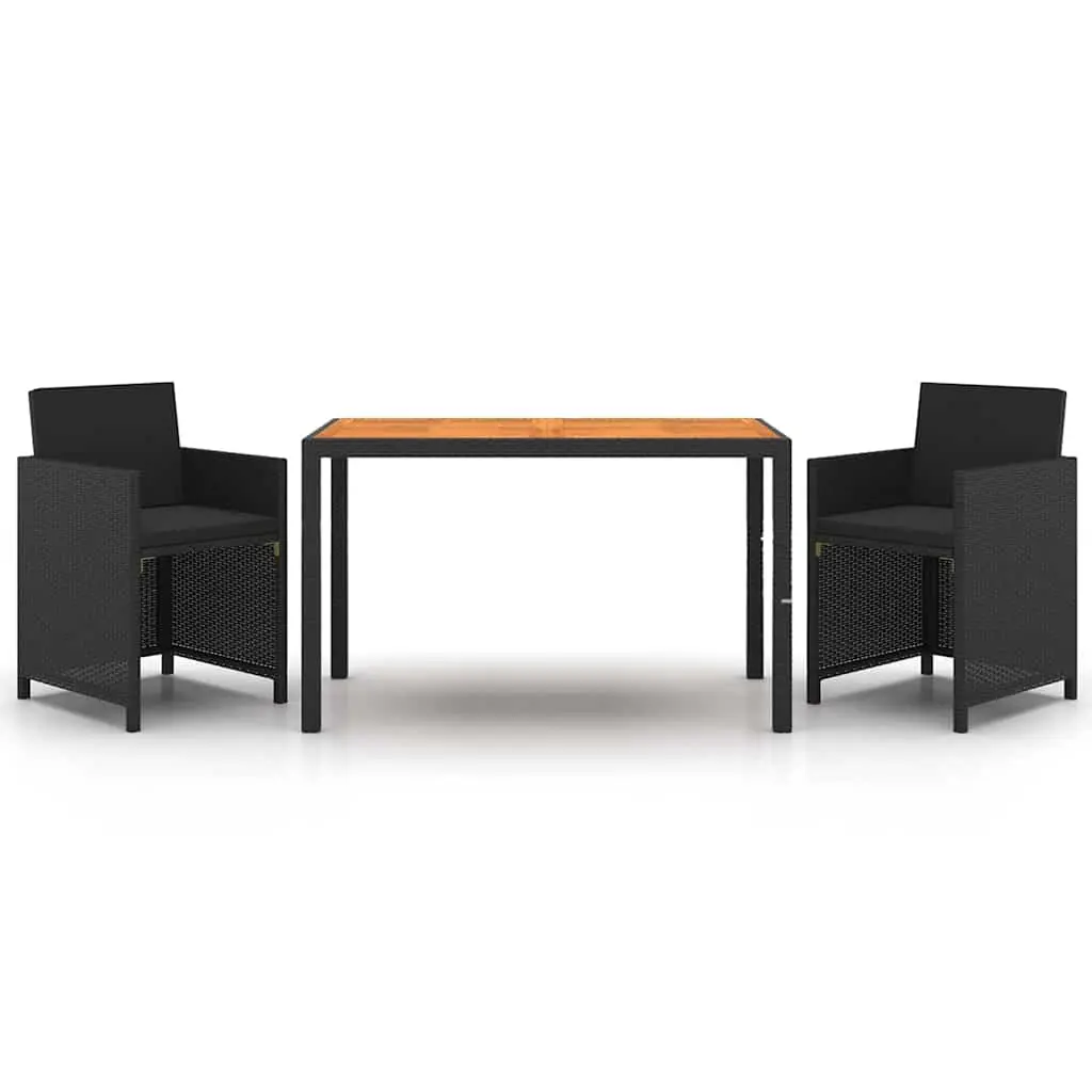 Outdoor Furniture Set 3 Piece PE Rattan Chairs Table with Cushions Black Powder Coated Steel Acacia Wood