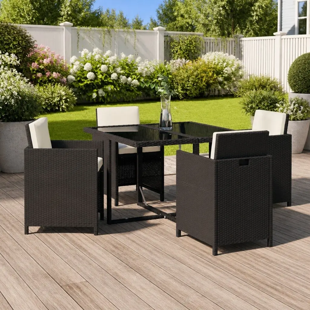 5 Piece Outdoor Dining Set Poly Rattan Glass Table Black
