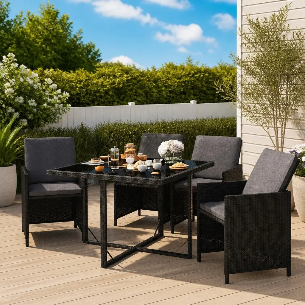 5 Piece Garden Furniture Dining Set Black PE Rattan with Cushions and Glass Tabletop