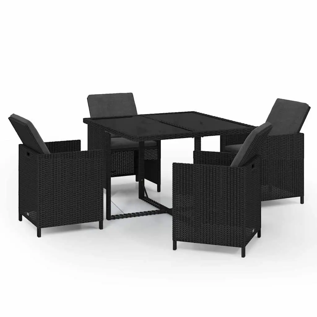 5 Piece Garden Furniture Dining Set Black PE Rattan with Cushions and Glass Tabletop