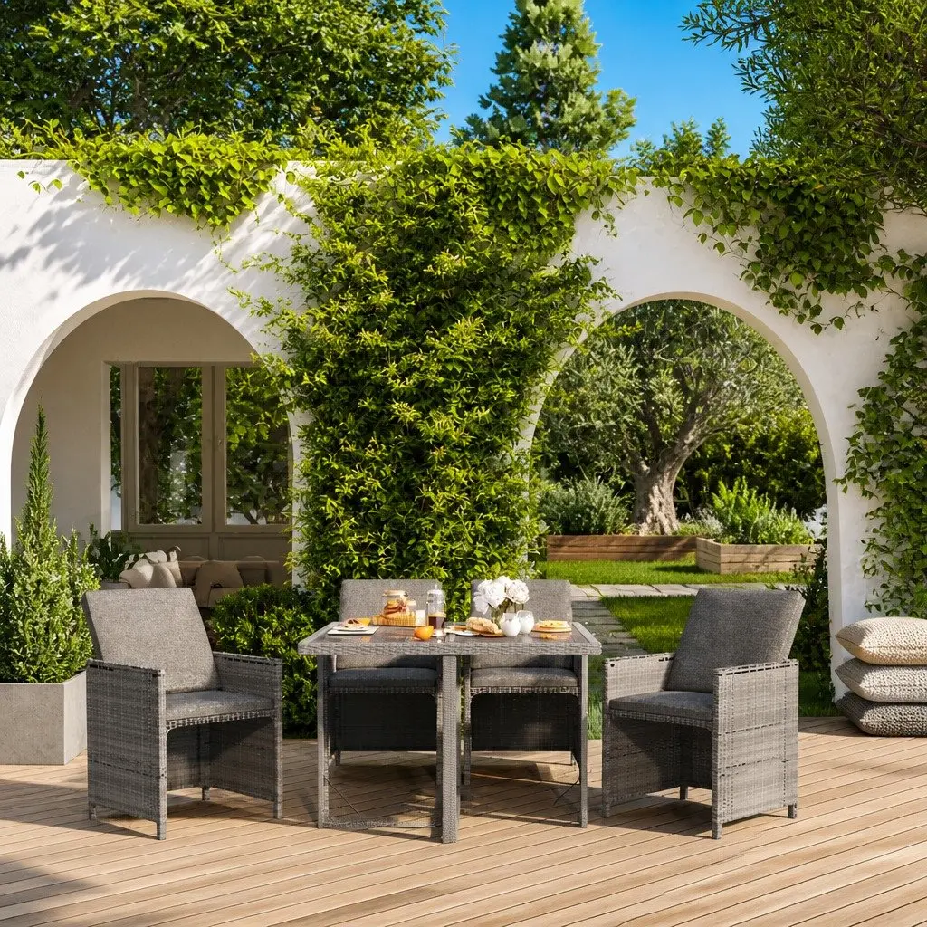 5 Piece Garden Dining Set Poly Rattan Grey Cushions Outdoor Table Chairs