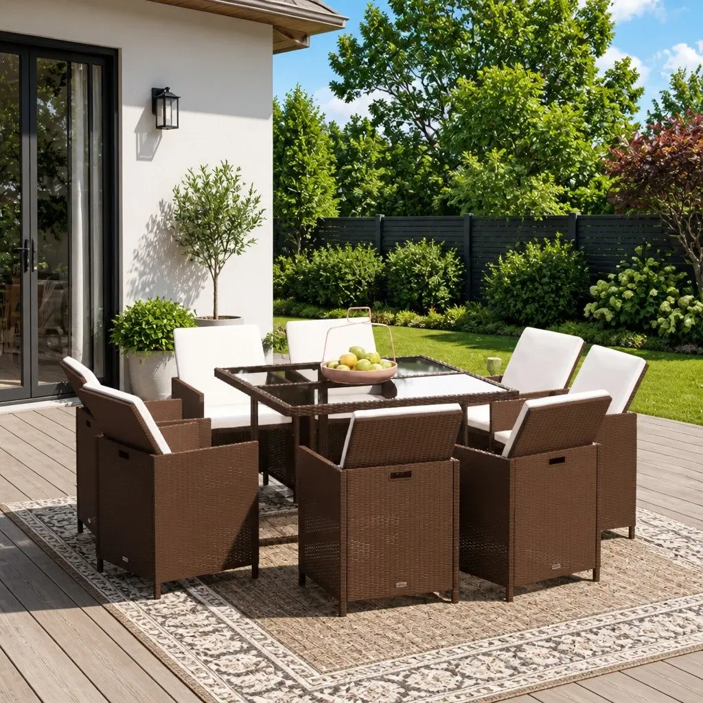 Garden Dining Set 9 Piece Outdoor Patio Furniture PE Rattan Brown with Cushions