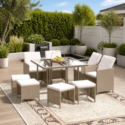 Garden Dining Set 9 Piece Outdoor Patio Furniture PE Rattan Beige with Cushions