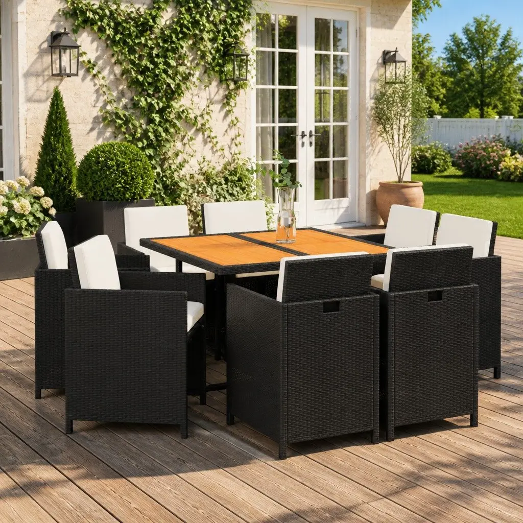 Outdoor Garden Dining Set 9 Piece Poly Rattan Black Patio Furniture with