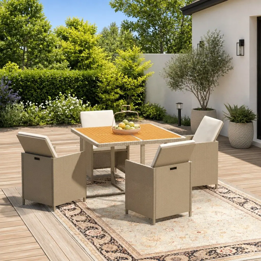 Outdoor Dining Set 5 Piece Beige PE Rattan Patio Furniture with Cushions Weather Resistant Construction