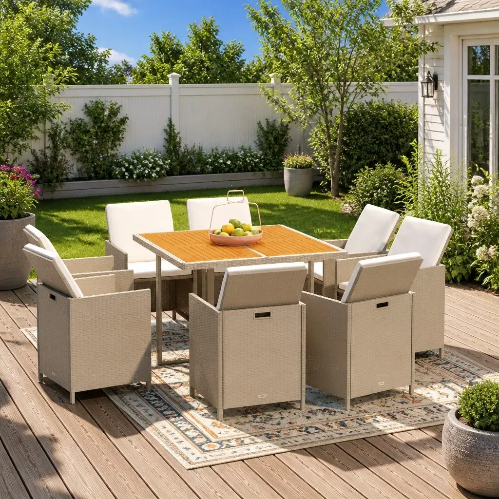 Garden Dining Set 9 Piece Outdoor Furniture PE Rattan Powder Coated Steel Beige with Cushions