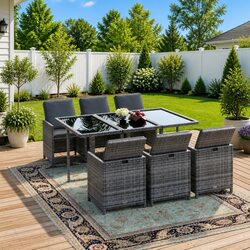 Garden Dining Set 7 Piece Outdoor Furniture Rattan Grey with Cushions Patio