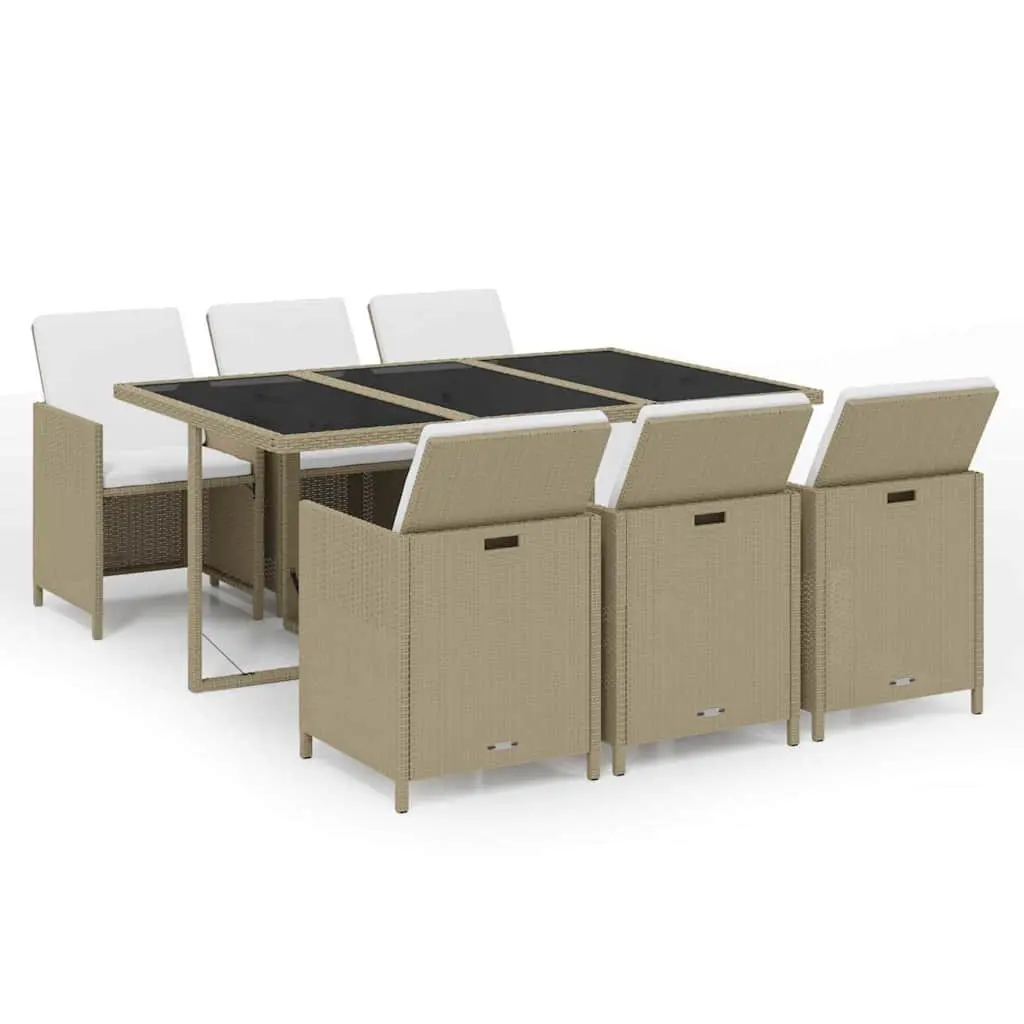 7 Piece Patio Dining Set Beige PE Rattan Weather Resistant Outdoor Furniture with Cushions and Powder Coated Steel Frame