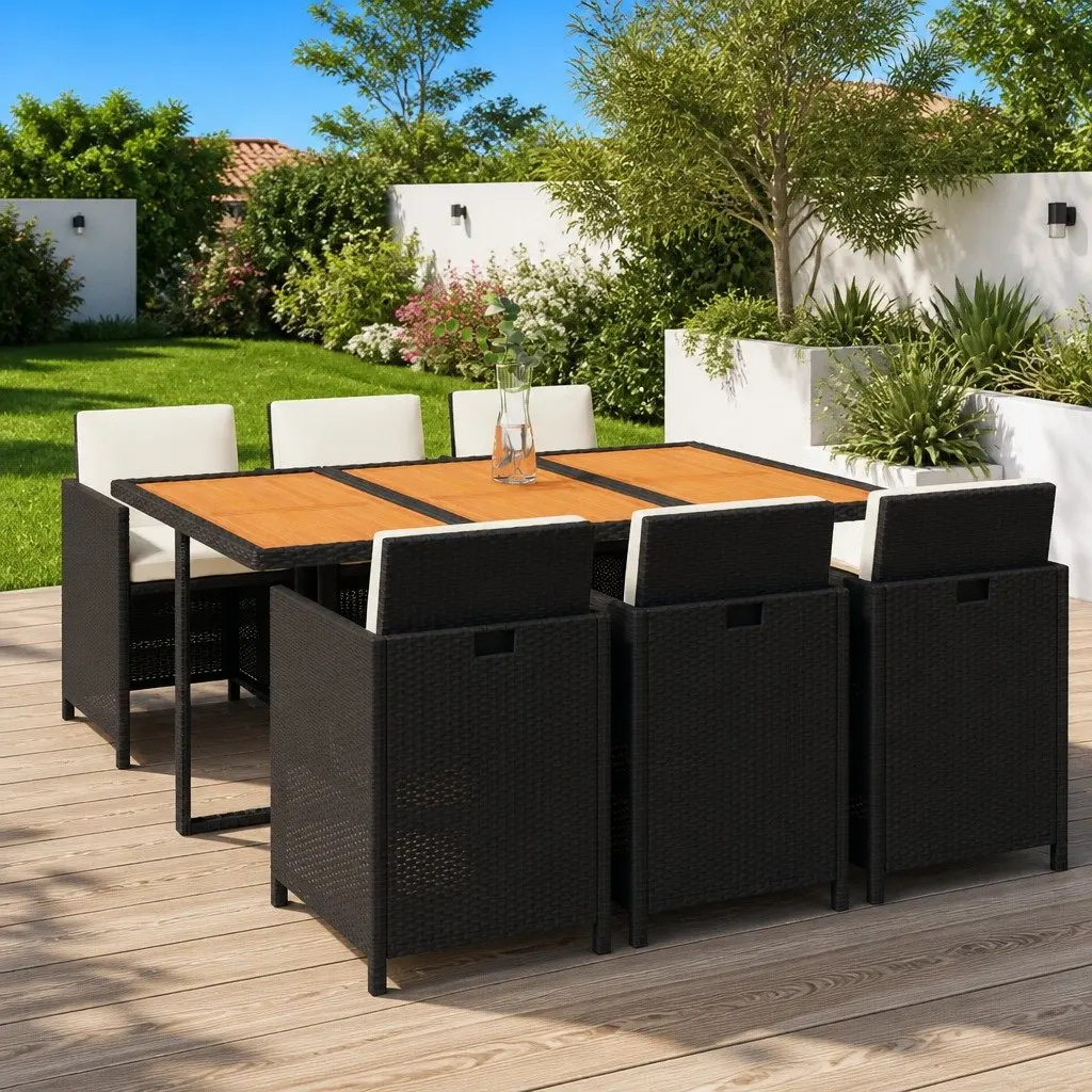 7 Piece Outdoor Dining Set PE Rattan Black Cushions Powder-coated Steel
