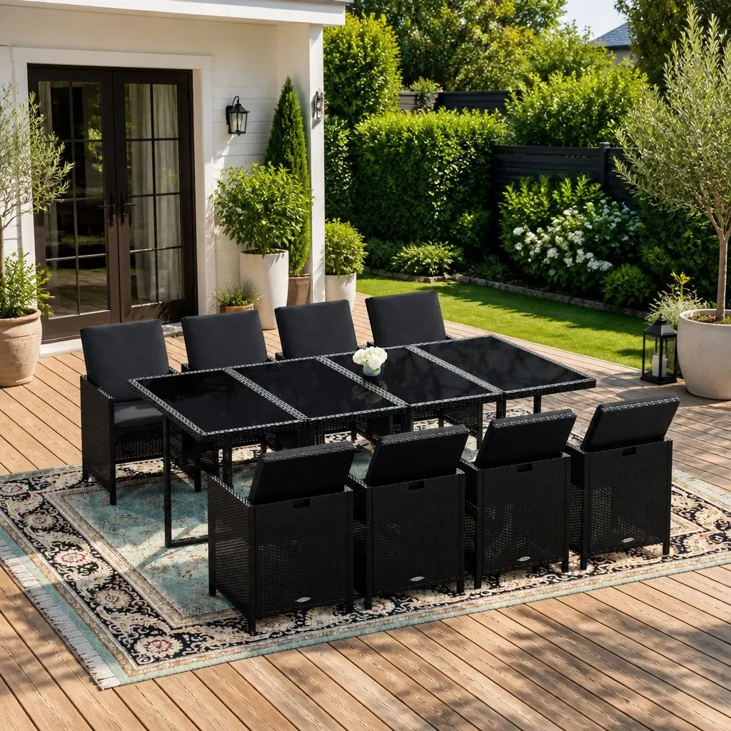 9PieceOutdoorDiningSetPE RattanComfortableCushionsBlackPatioFurniture