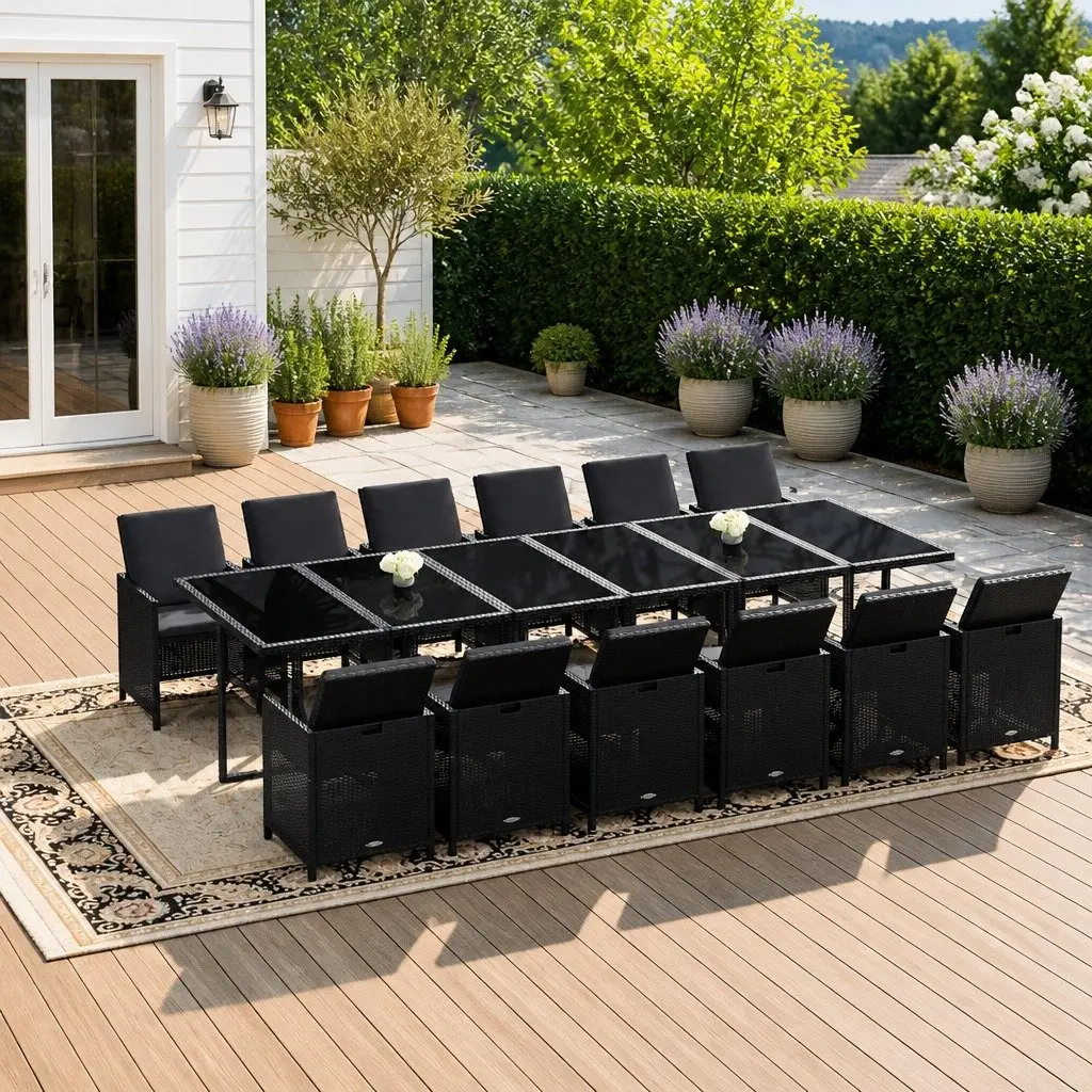 Garden Dining Set PE Rattan Steel Frame 13 Piece Black Outdoor Furniture with Cushions