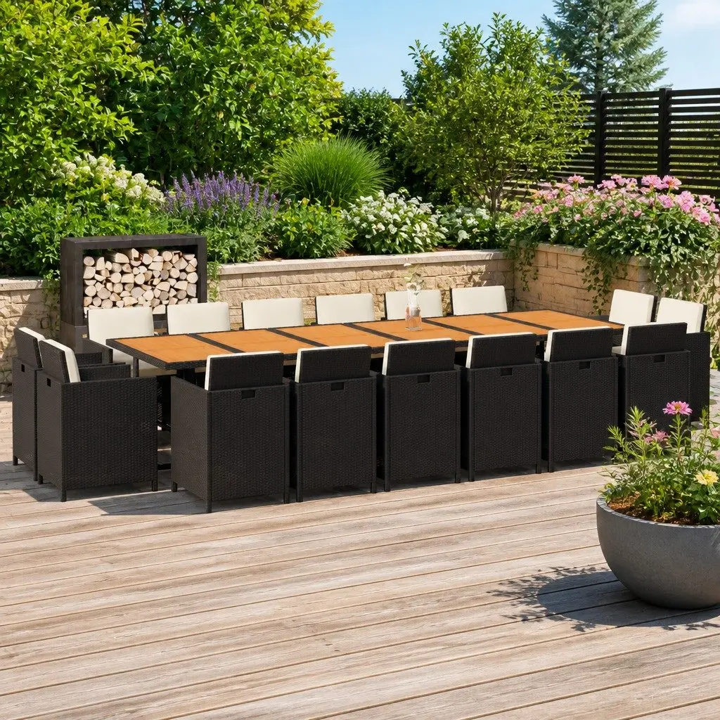 Garden Dining Set 17 Piece PE Rattan Outdoor Furniture Steel Frame with Cushions Black