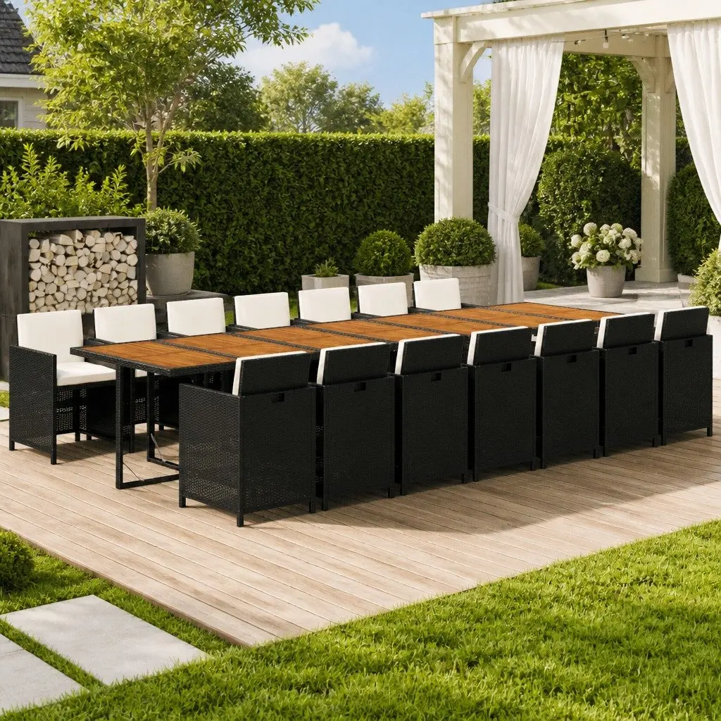 Outdoor Dining Set 15 Piece Garden Furniture Black PE Rattan Chairs Table