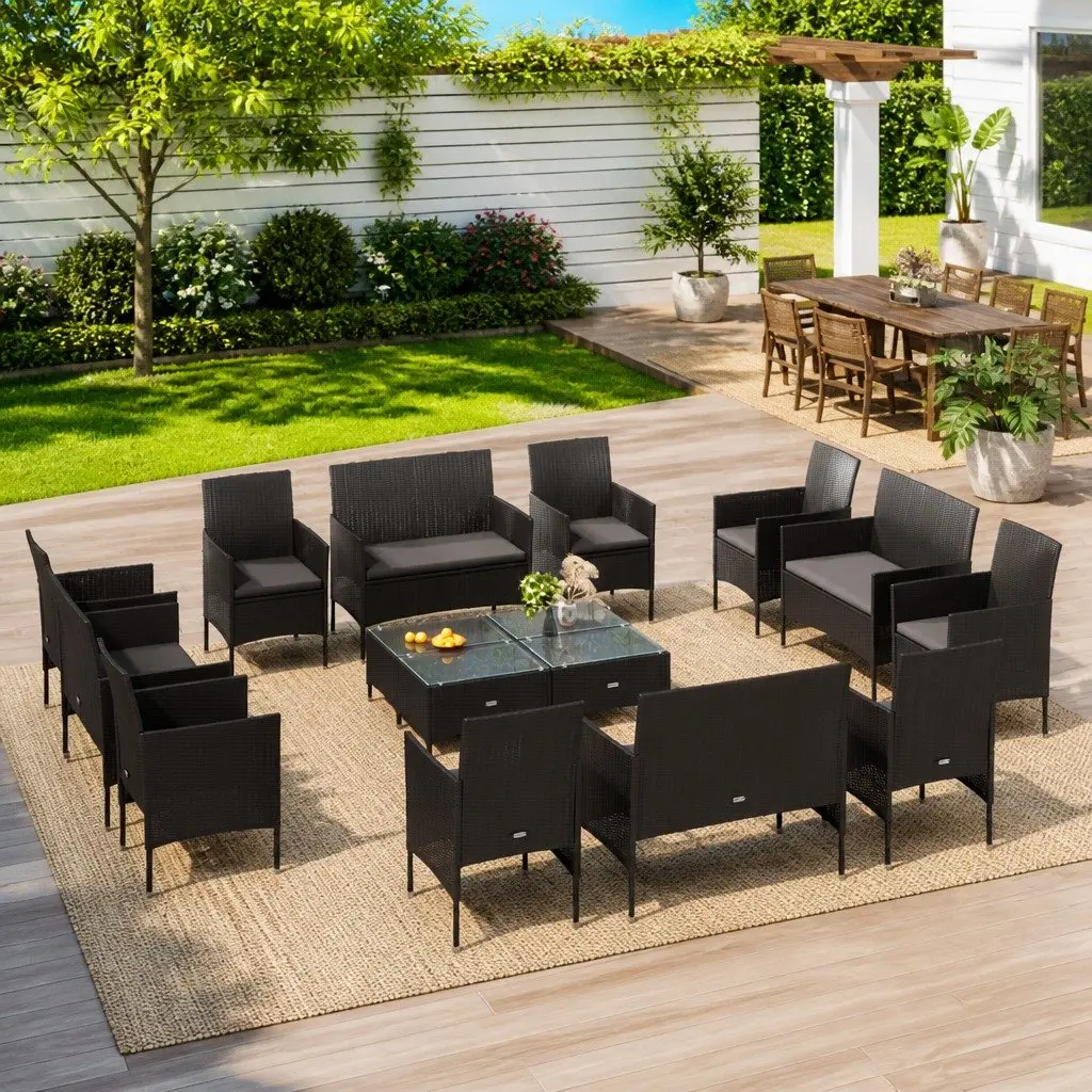 Outdoor Garden Lounge Set Poly Rattan 16 Piece Black