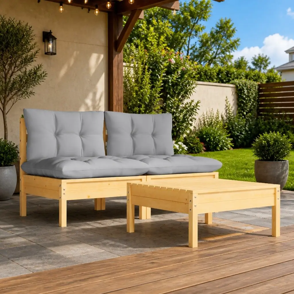 3 Piece Outdoor Lounge Set Grey Cushions Pinewood Garden Sofa Furniture