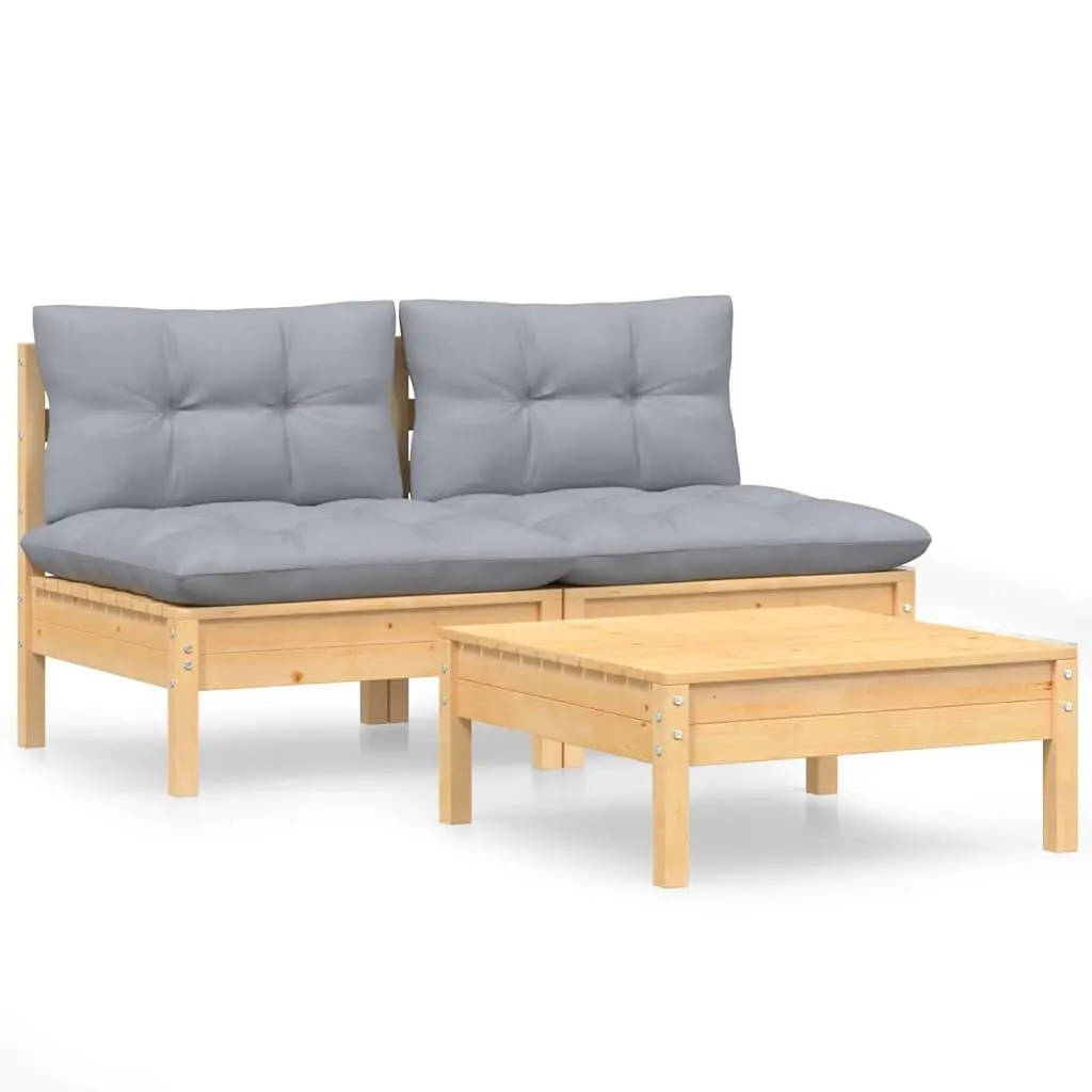 3 Piece Outdoor Lounge Set Grey Cushions Pinewood Garden Sofa Furniture